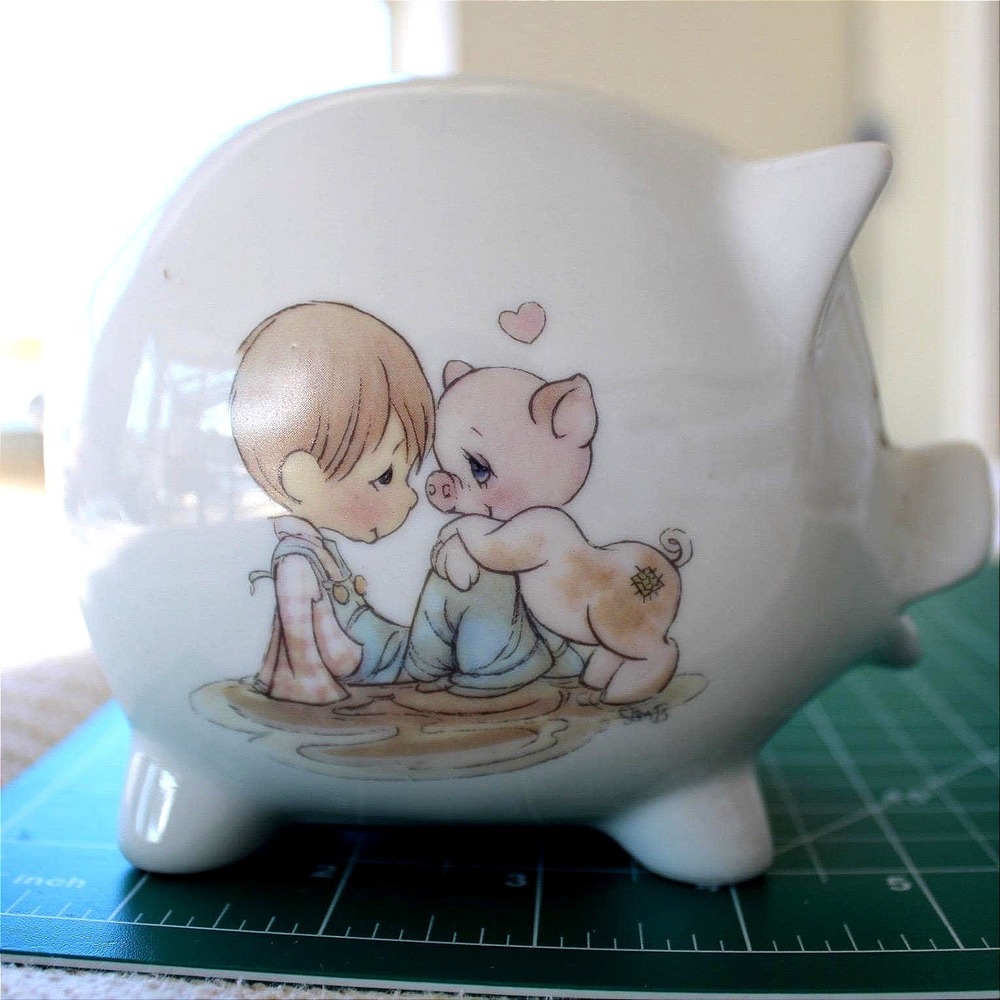 Precious Moments Enesco Piggy Bank Boy with Pig Ceramic White Vintage 1995 Japan